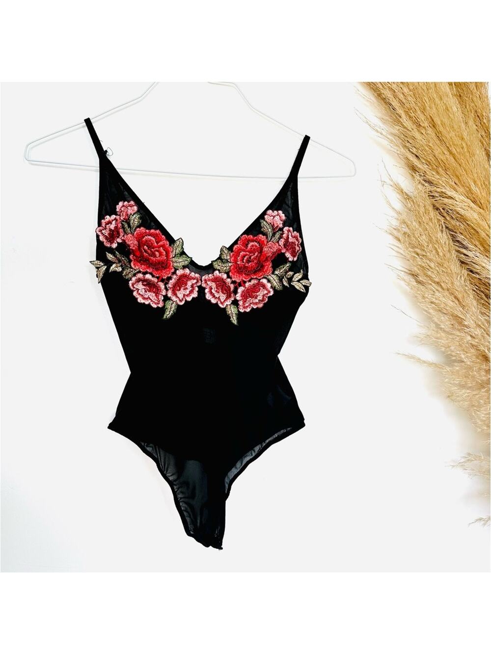 LF SEEK LABEL Black Mesh Pink Red Floral Embroidery Sheer Bodysuit Tank Top S